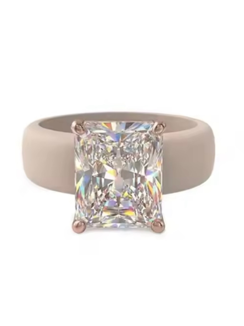 Women's Silicone Ring with Large Rectangle CZ Stone, Rose Gold Prong Setting,